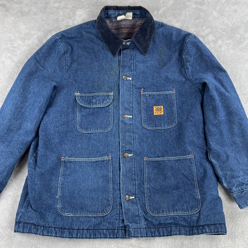 Vtg 80's Big Ben Wrangler Blanket Lined Denim Chore Coat 46 Blue USA Workwear